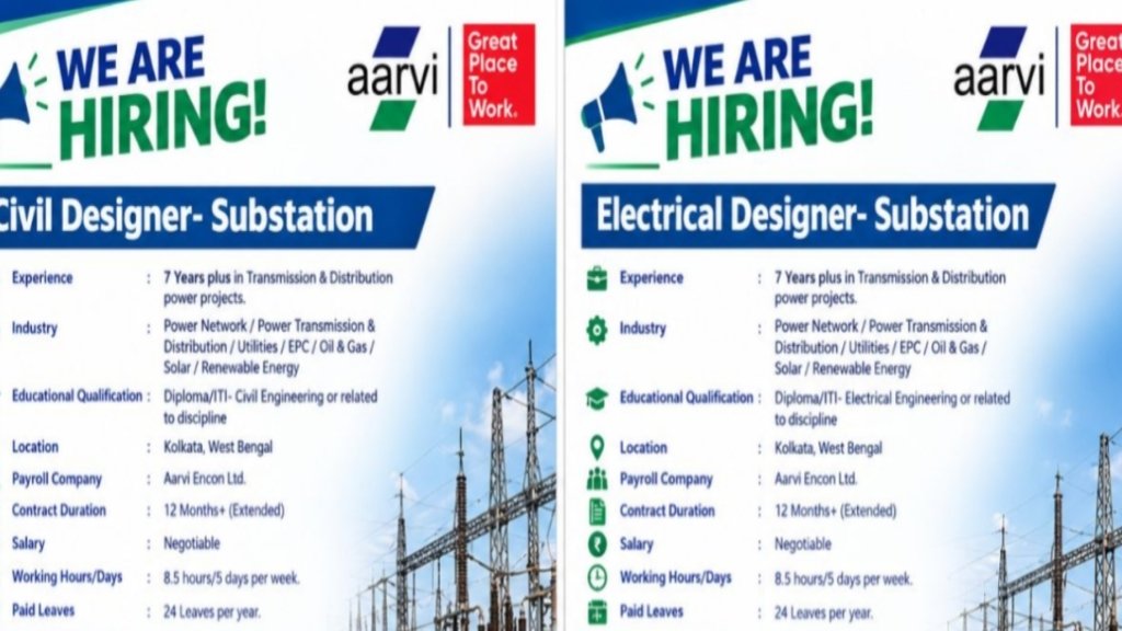 Aarvi Encon Ltd Recruitment 2026: Civil Designer & Electrical Designer Substation Jobs in Kolkata – 7+ Years Experience