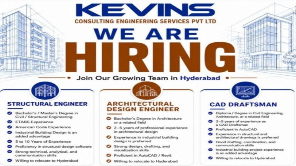Kevins Consulting Engineering Services Recruitment 2026: Structural Engineer, Architectural Design Engineer & CAD Draftsman Jobs in Hyderabad